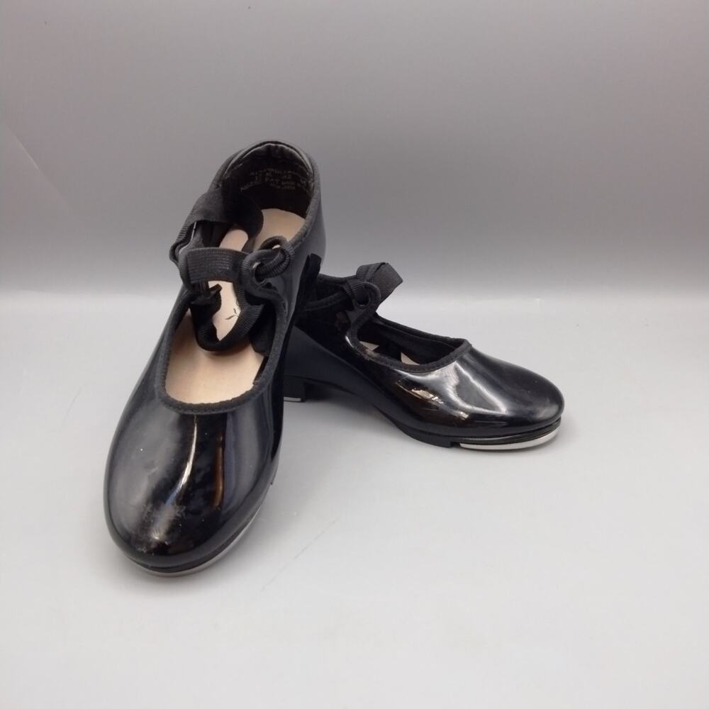 Size 12M Capezio Black Patent Leather Tap Shoes Kids Childs Teletone